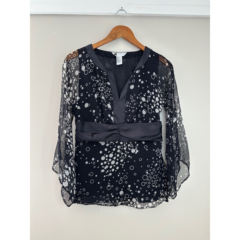 Carole Little Silk Blouse Womens Medium Black White Good Sheer Bell Sleeve Y2K